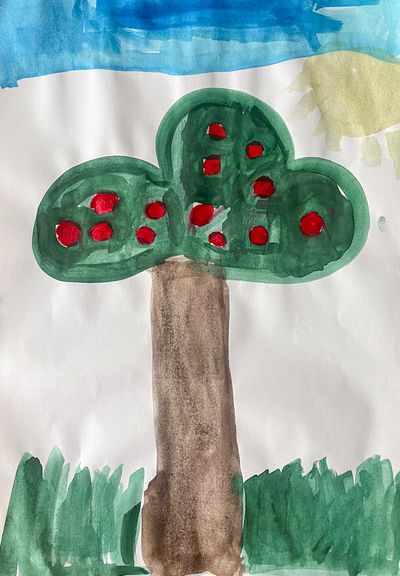 A watercolor drawing of a green tree with red fruit dots. 