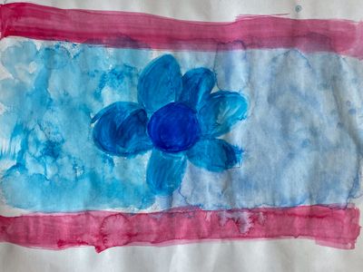 A blue blossom painted with watercolors in front of a light blue background and red horizontal strip on tob and on the bottom.